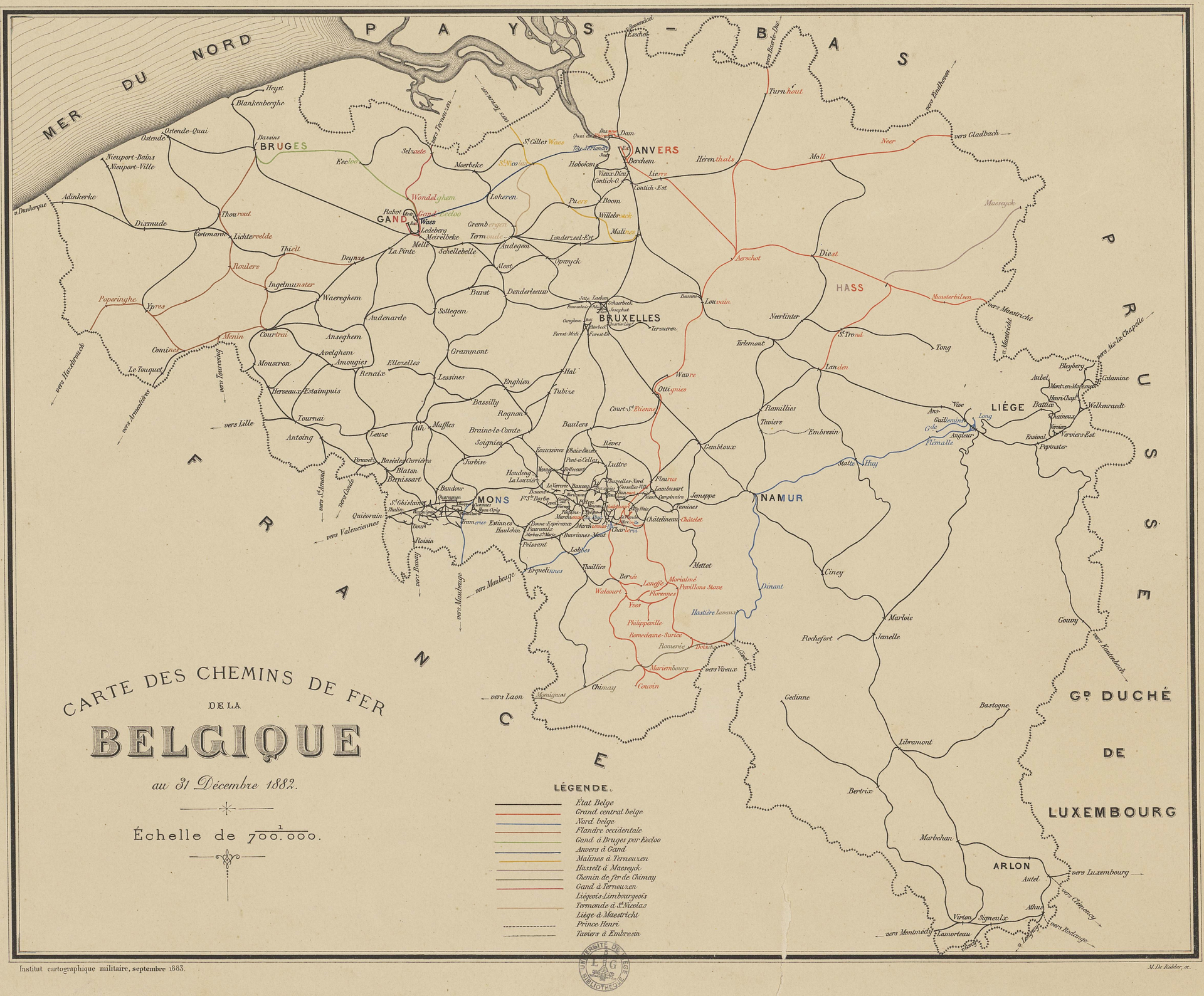 Carte des chemins de fer de la Belgique de 1882